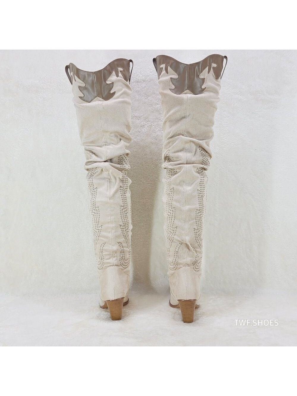 Iconic Western Thigh high Cowgirl Boots Cream - Picture 6 of 12